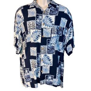 Puritan Men L Wooden Button‎ Up Hawaiian Tiki Palm Leaf Tropical Short Sleeve